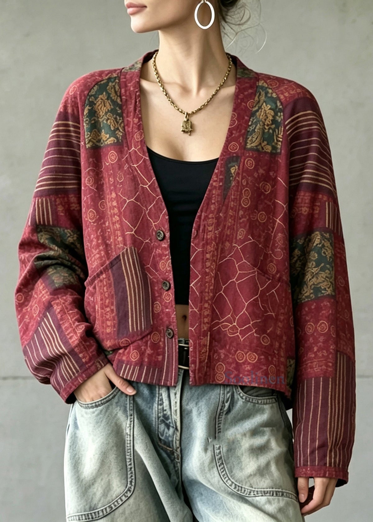 Casual Red V Neck Reversible Wear Print Coat Fall