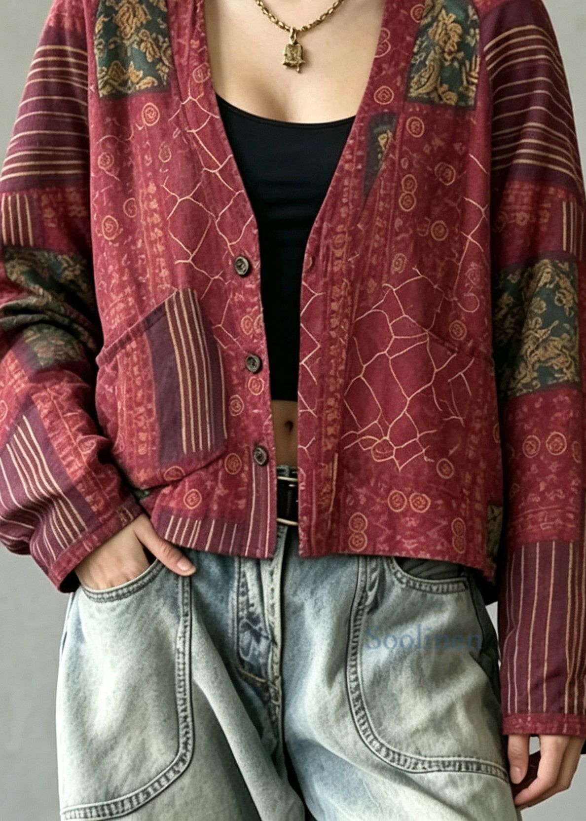 Casual Red V Neck Reversible Wear Print Coat Fall