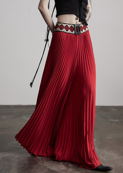 Lässige rote Hose mit Blumenapplikationen an der Taille, Falten und weitem Bein für den Frühling