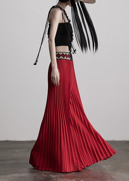 Lässige rote Hose mit Blumenapplikationen an der Taille, Falten und weitem Bein für den Frühling