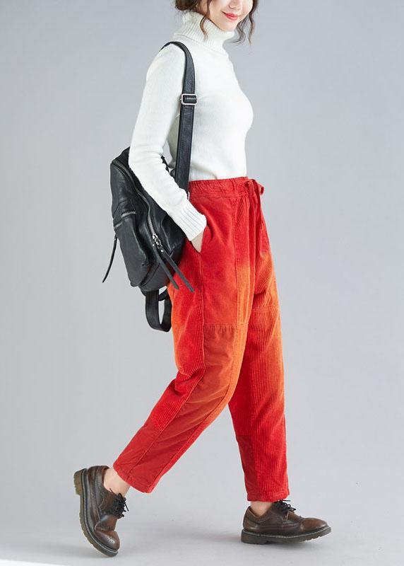 Casual Red retro Colorblock Tie Waist Fall Corduroy Pants - SooLinen