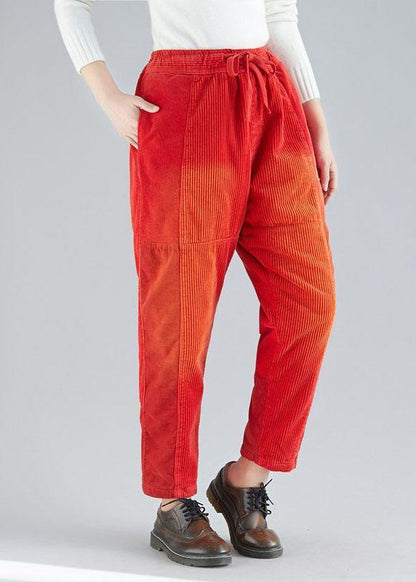 Casual Red retro Colorblock Tie Waist Fall Corduroy Pants - SooLinen
