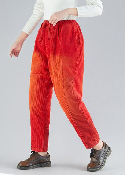 Casual Red retro Colorblock Tie Waist Fall Corduroy Pants - SooLinen