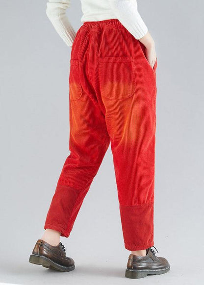 Casual Red retro Colorblock Tie Waist Fall Corduroy Pants - SooLinen
