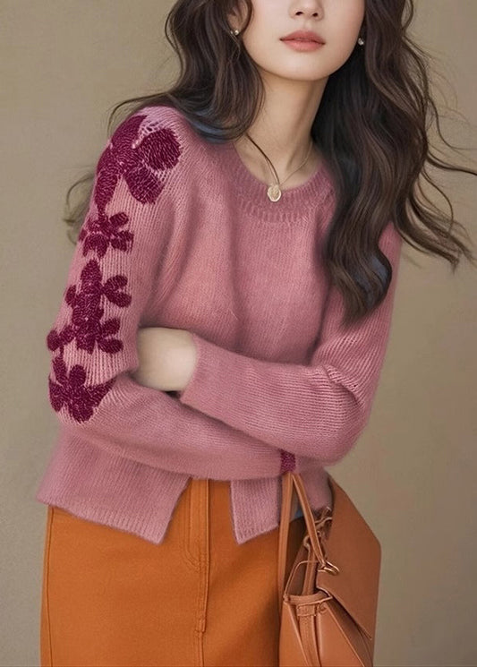 Casual Rose Embroidered Side Open Knit Sweater Tops Winter