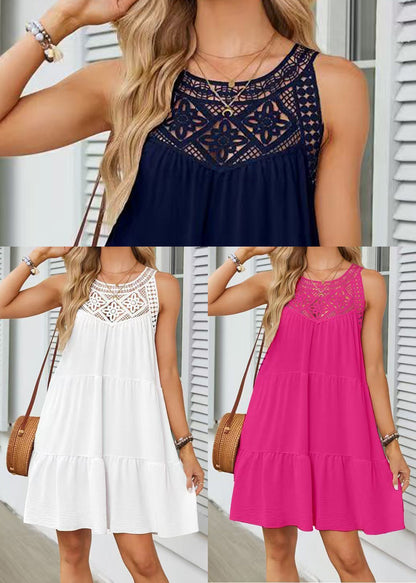 Casual Rose Hollow Out Patchwork Cotton Dress Sleeveless