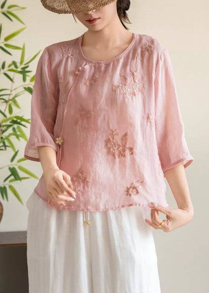 Casual Rose O Neck Embroidered Linen Shirt Tops Bracelet Sleeve