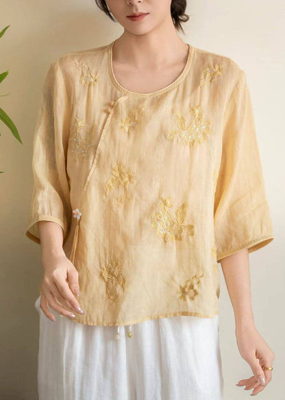 Casual Rose O Neck Embroidered Linen Shirt Tops Bracelet Sleeve