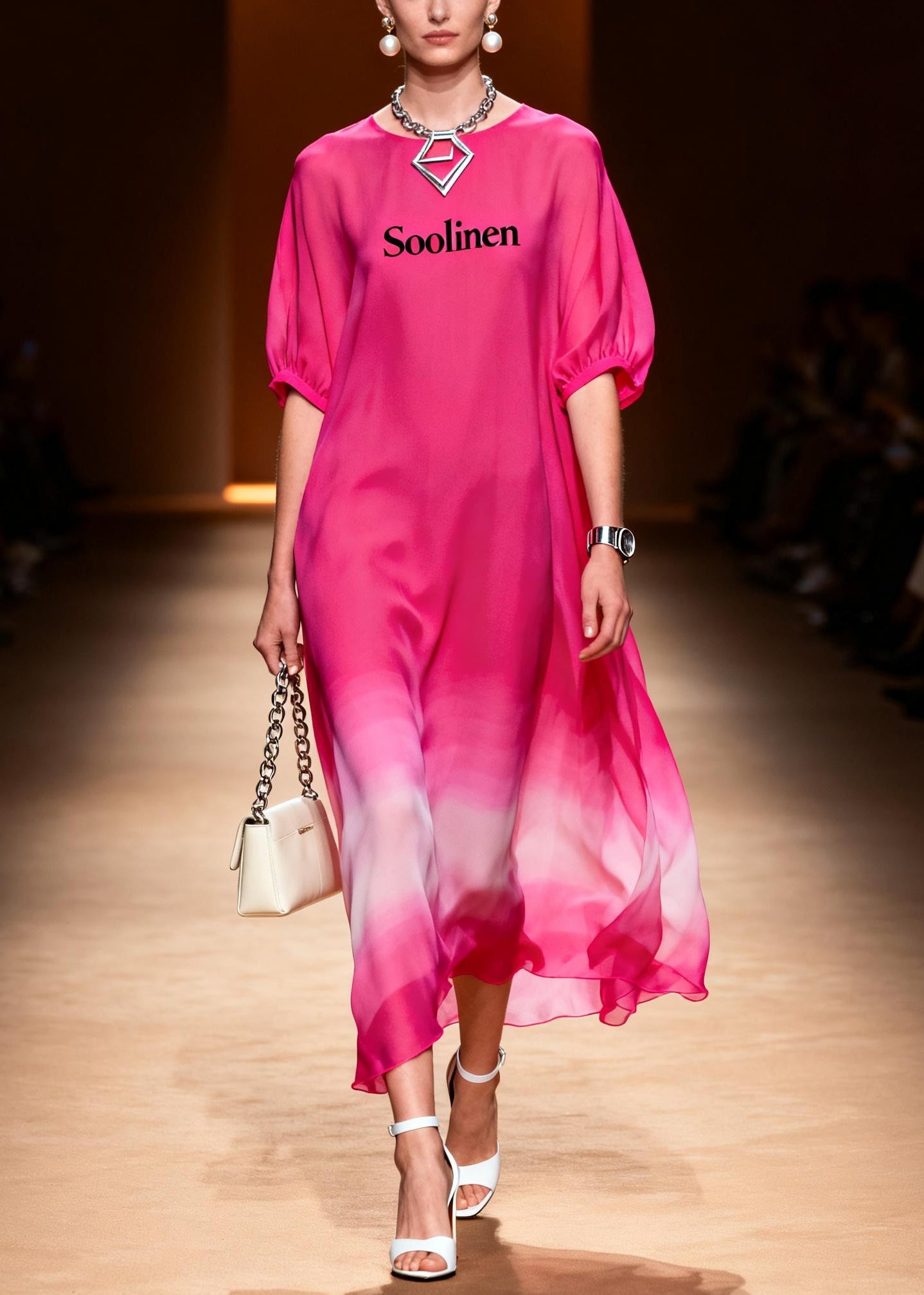Casual Rose O-Neck Tie Dye Chiffon Long Dress Summer