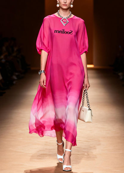 Casual Rose O-Neck Tie Dye Chiffon Long Dress Summer