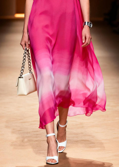 Casual Rose O-Neck Tie Dye Chiffon Long Dress Summer