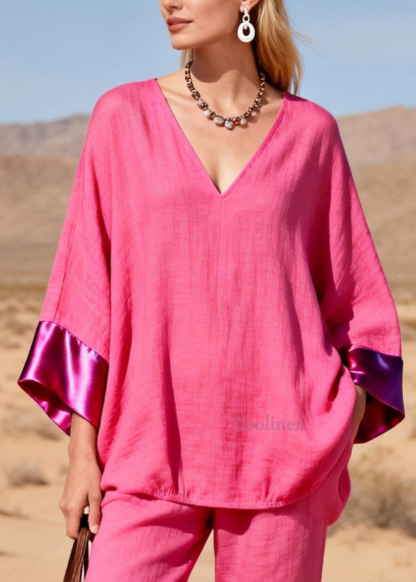 Casual Rose Oversized Patchwork Silk Cotton Two Pieces Set Spring