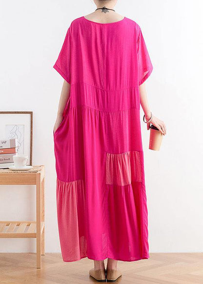 Casual Rose Patchwork O-Neck Long Cotton Dress - SooLinen