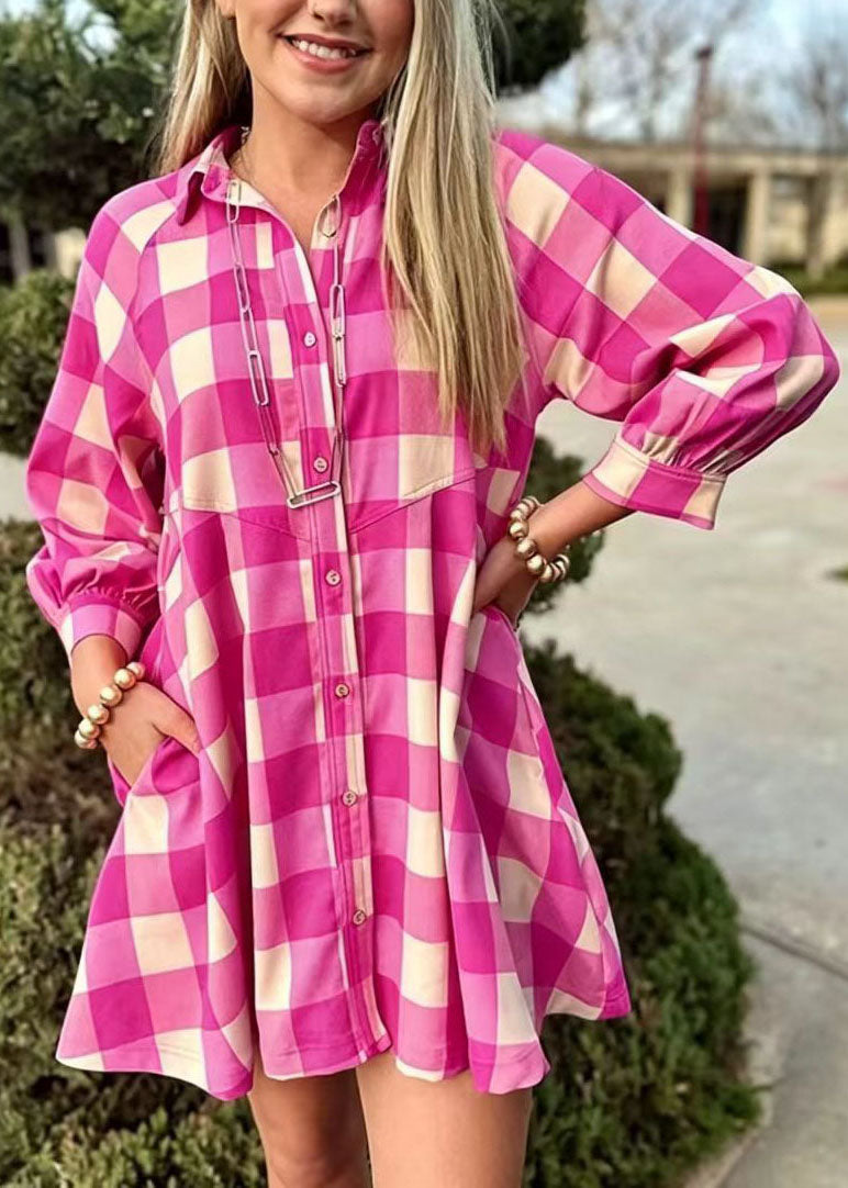 Casual Rose Peter Pan Collar Plaid Cotton Shirts Dress Summer