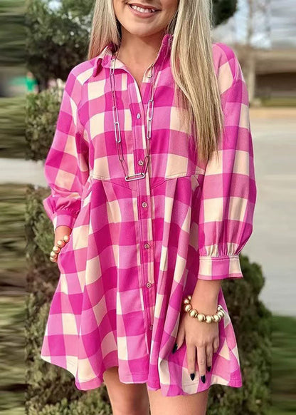 Casual Rose Peter Pan Collar Plaid Cotton Shirts Dress Summer