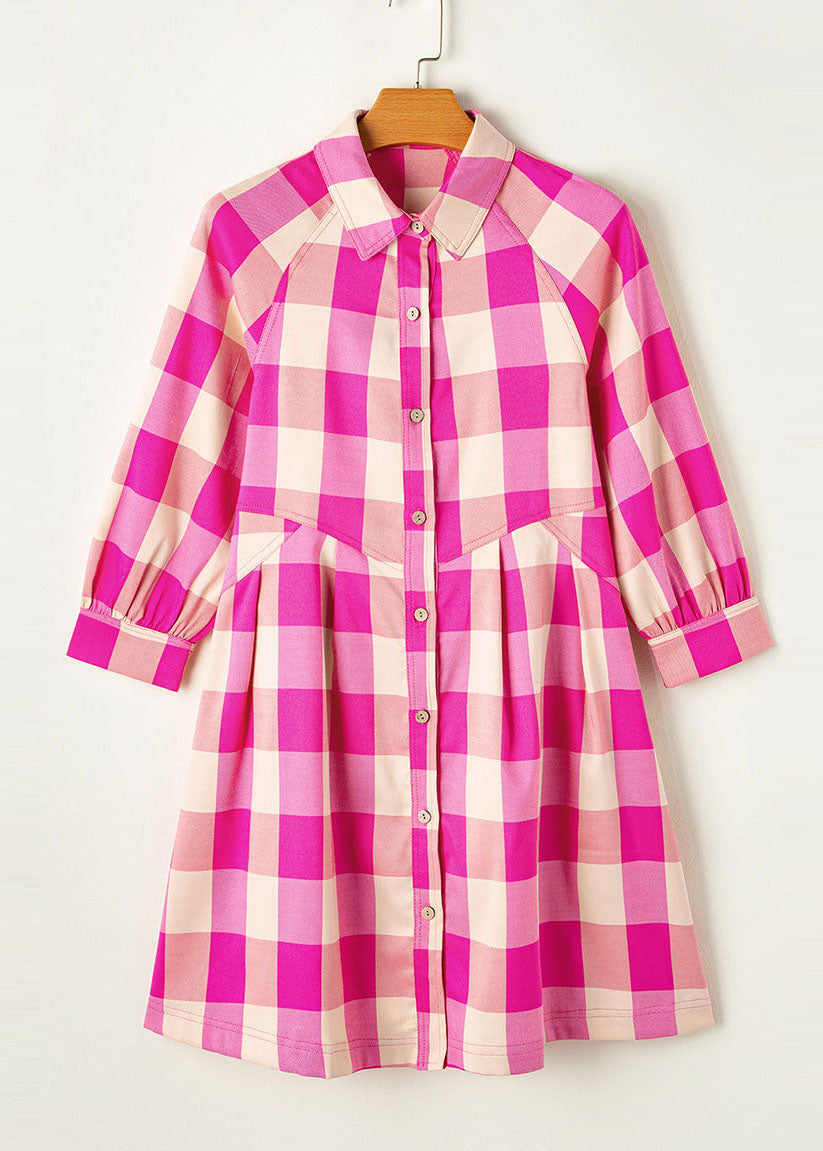 Casual Rose Peter Pan Collar Plaid Cotton Shirts Dress Summer