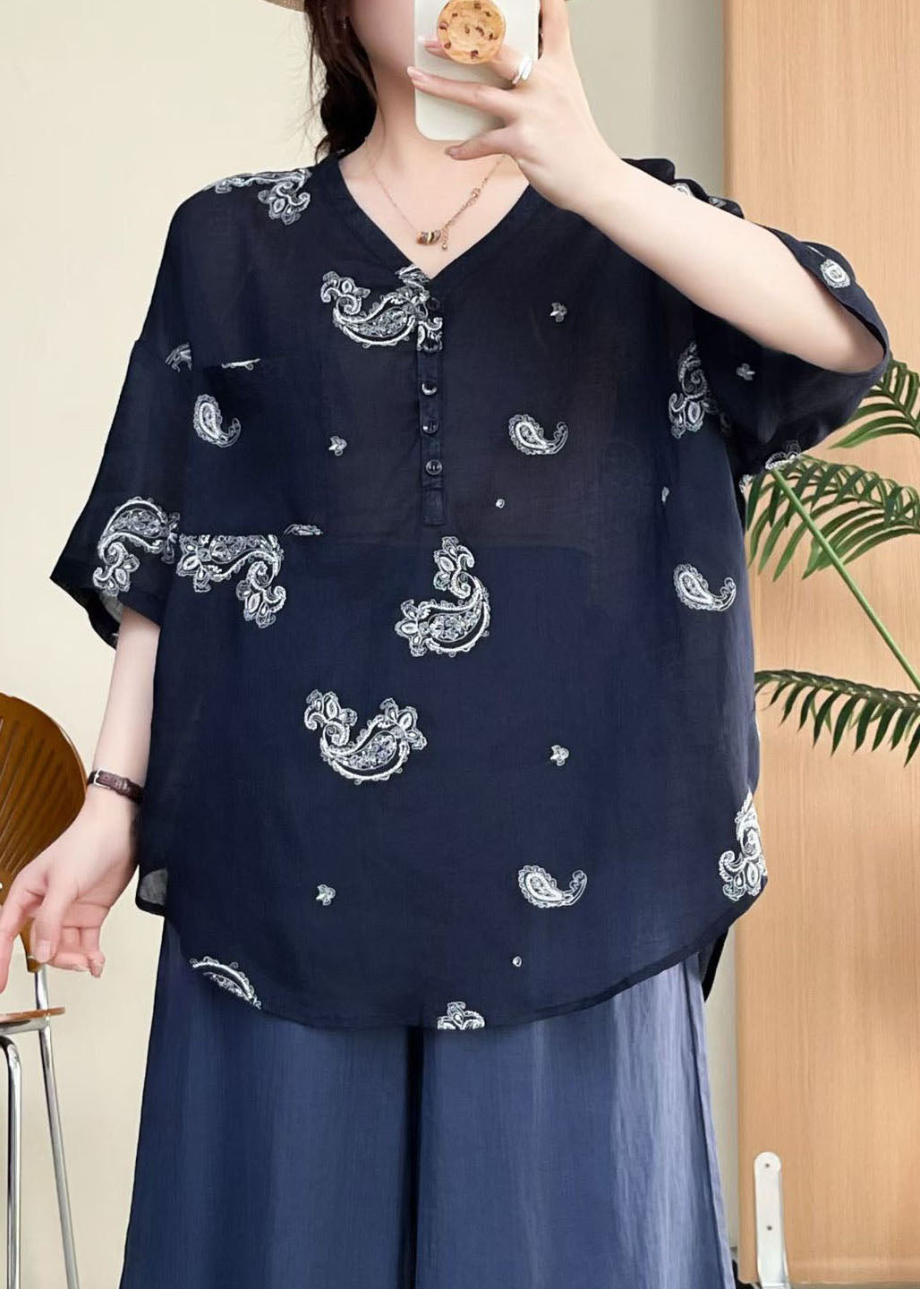 Casual Rose V Neck Embroidered Linen Top Summer