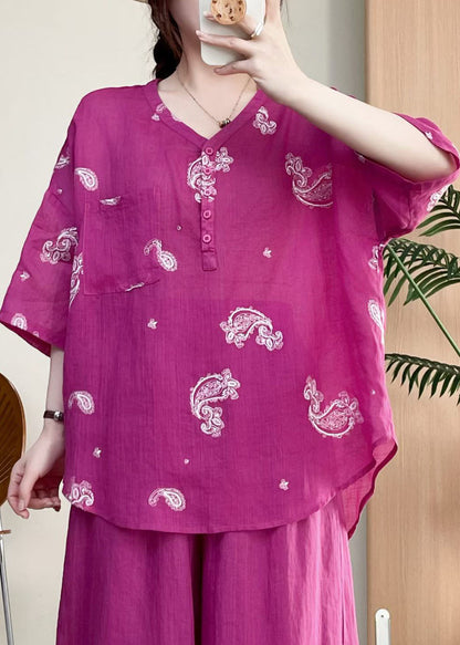 Casual Rose V Neck Embroidered Linen Top Summer