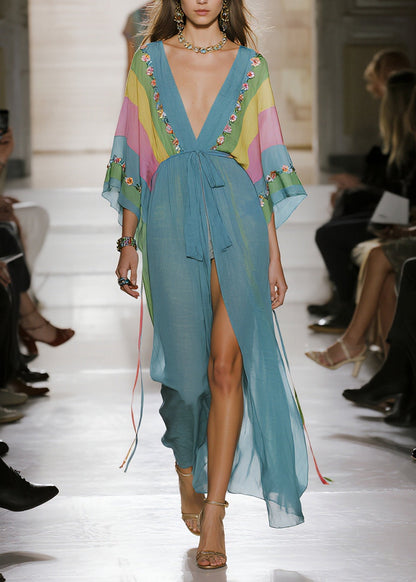 Casual Sea Blue Oversized Print Chiffon Cardigan Summer