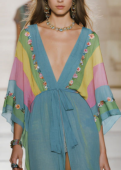 Casual Sea Blue Oversized Print Chiffon Cardigan Summer