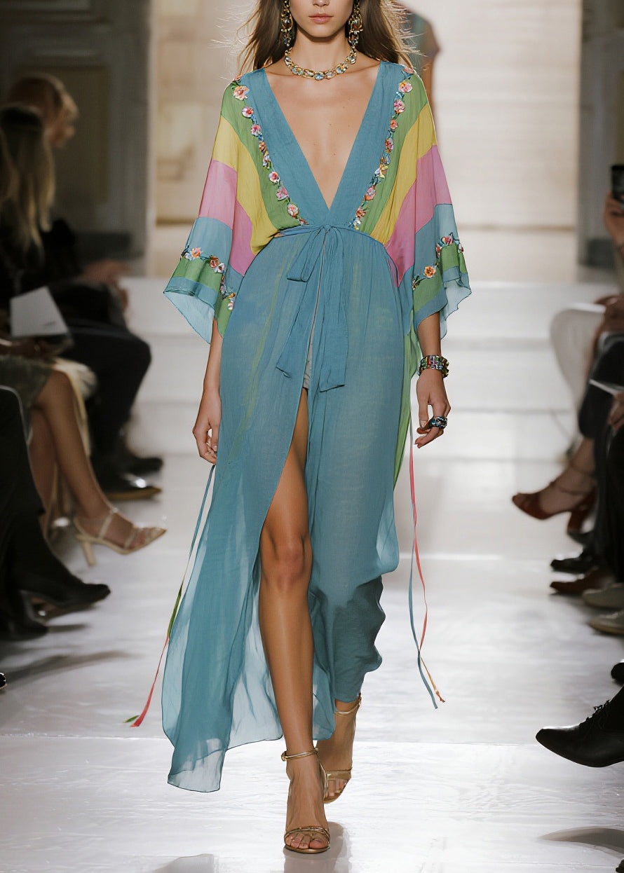 Casual Sea Blue Oversized Print Chiffon Cardigan Summer