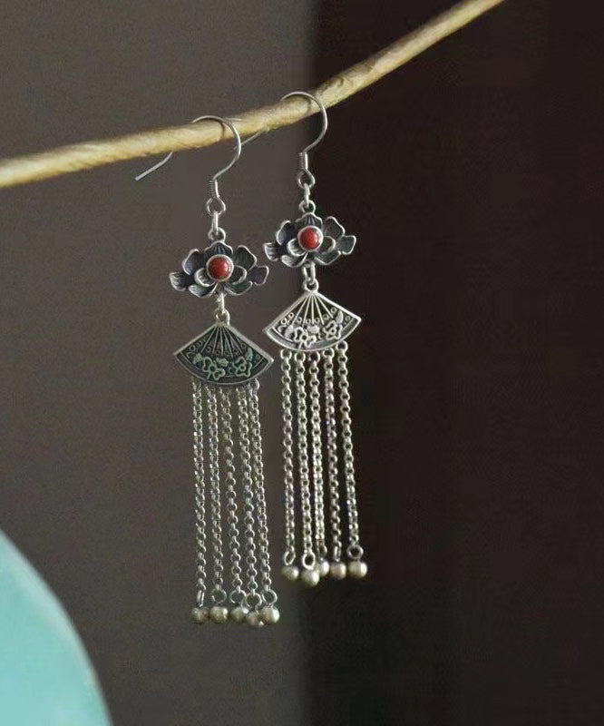 Lässige Seiden-Ohrringe aus Sterlingsilber mit Achat und floralen Quasten