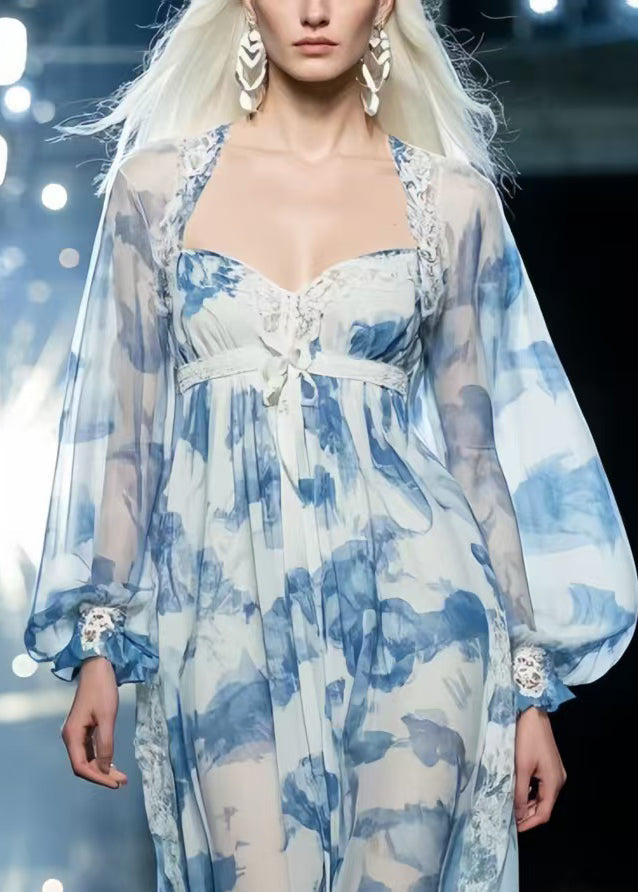 Casual Sky Blue Print Draping Chiffon Vacation Dresses Summer