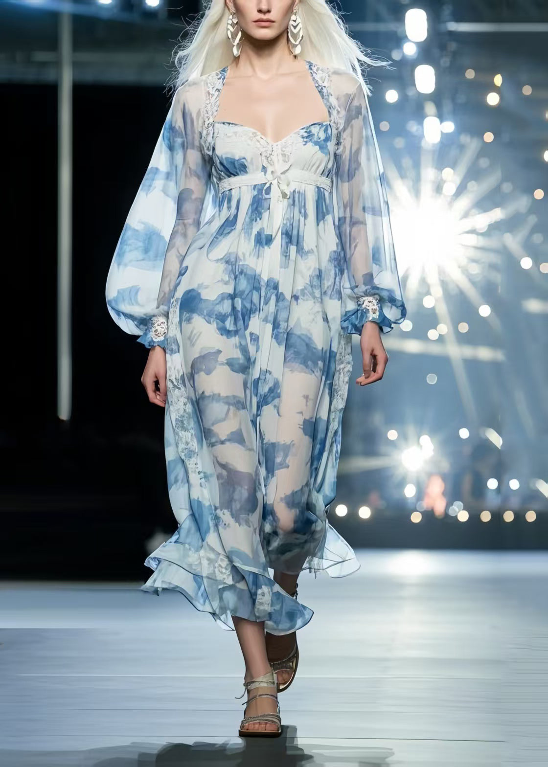 Casual Sky Blue Print Draping Chiffon Vacation Dresses Summer