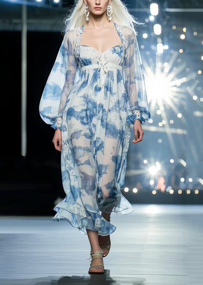 Casual Sky Blue Print Draping Chiffon Vacation Dresses Summer