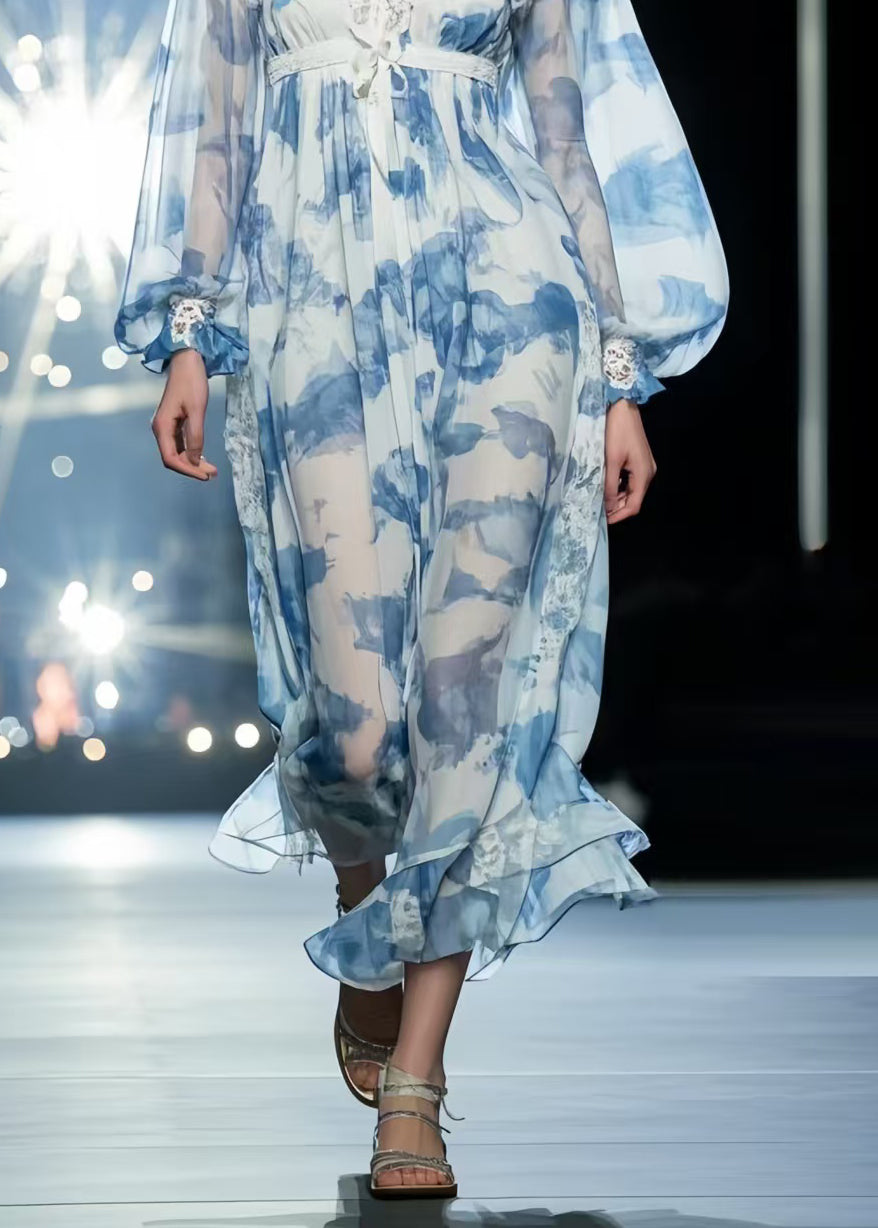 Casual Sky Blue Print Draping Chiffon Vacation Dresses Summer