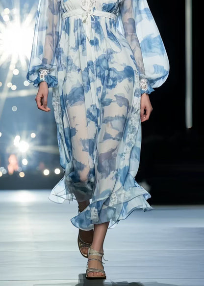 Casual Sky Blue Print Draping Chiffon Vacation Dresses Summer