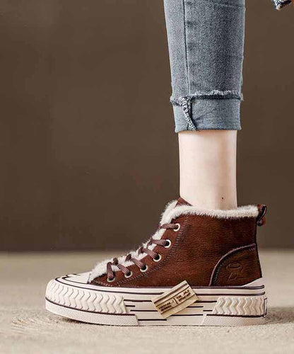 Zapatos planos informales con plataforma y empalme de piel de vaca roja con forro de lana afelpada