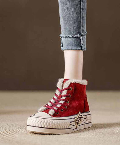 Zapatos planos informales con plataforma y empalme de piel de vaca roja con forro de lana afelpada