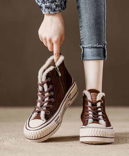 Zapatos planos informales con plataforma y empalme de piel de vaca roja con forro de lana afelpada