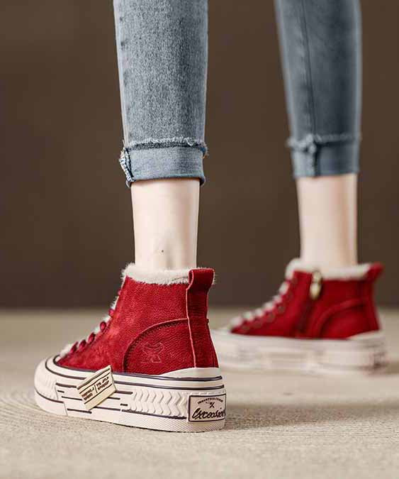 Zapatos planos informales con plataforma y empalme de piel de vaca roja con forro de lana afelpada