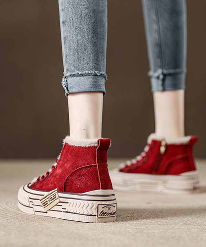 Zapatos planos informales con plataforma y empalme de piel de vaca roja con forro de lana afelpada