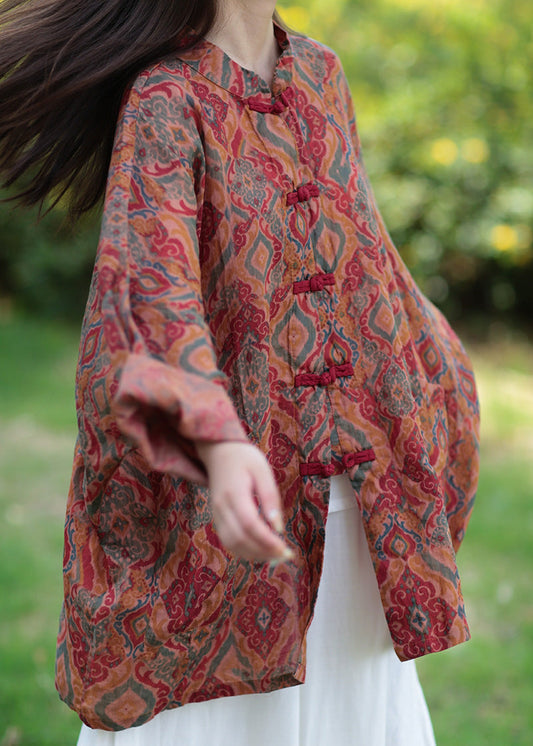 Lässiger Stehkragen Print Button Ramie Lange Mäntel Frühling