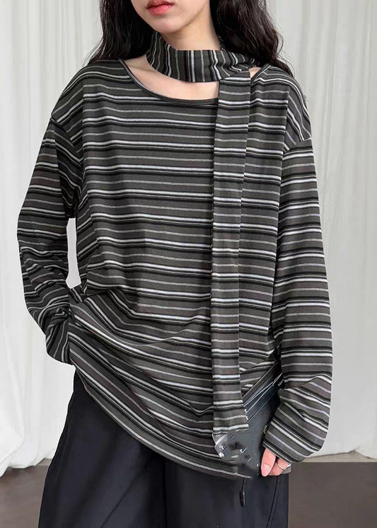 Casual Striped O-Neck Side Open T Shirt Spring