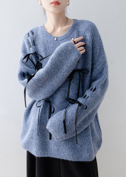 Casual Style Blue O Neck Bow Knit Sweaters Spring