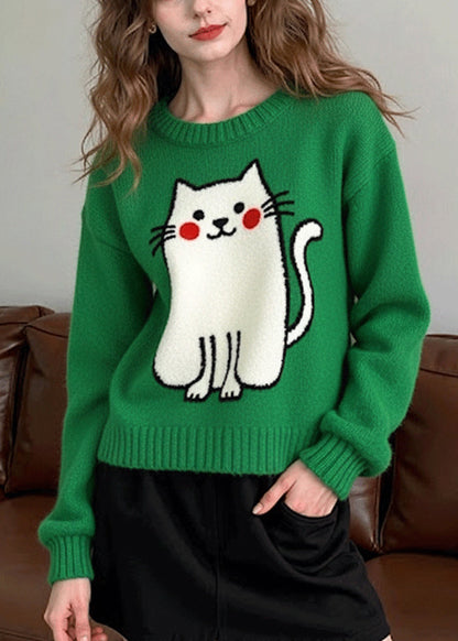 Suéter informal de punto con diseño de gato de gran tamaño verde té para invierno
