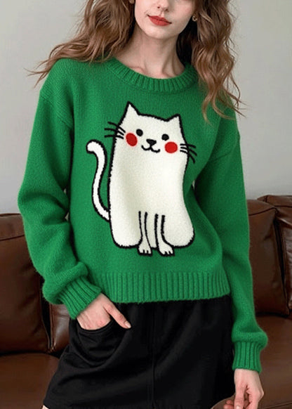 Suéter informal de punto con diseño de gato de gran tamaño verde té para invierno
