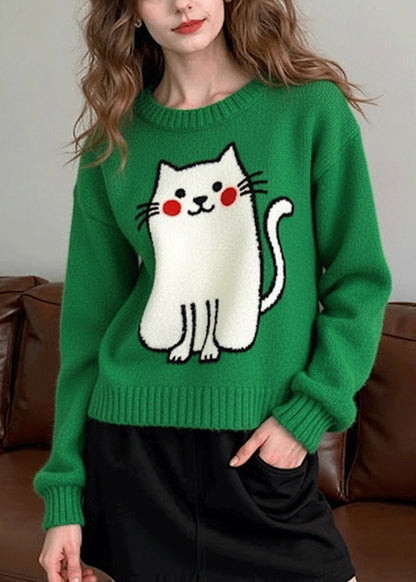 Suéter informal de punto con diseño de gato de gran tamaño verde té para invierno
