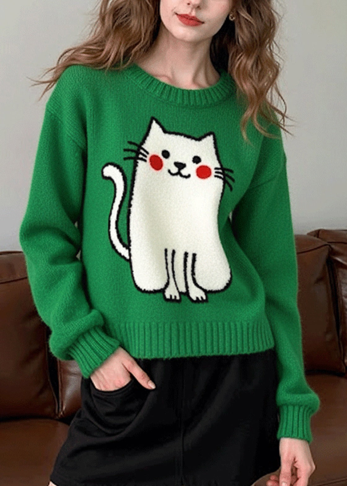 Suéter informal de punto con diseño de gato de gran tamaño verde té para invierno