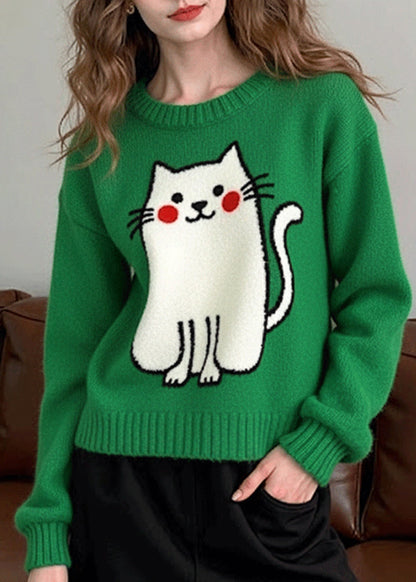 Suéter informal de punto con diseño de gato de gran tamaño verde té para invierno
