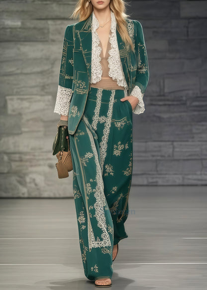 Casual Tea Green Print Patchwork Lace Two Pieces Set Oversized Spring