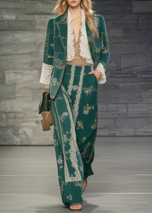 Casual Tea Green Print Patchwork Lace Two Pieces Set Oversized Spring