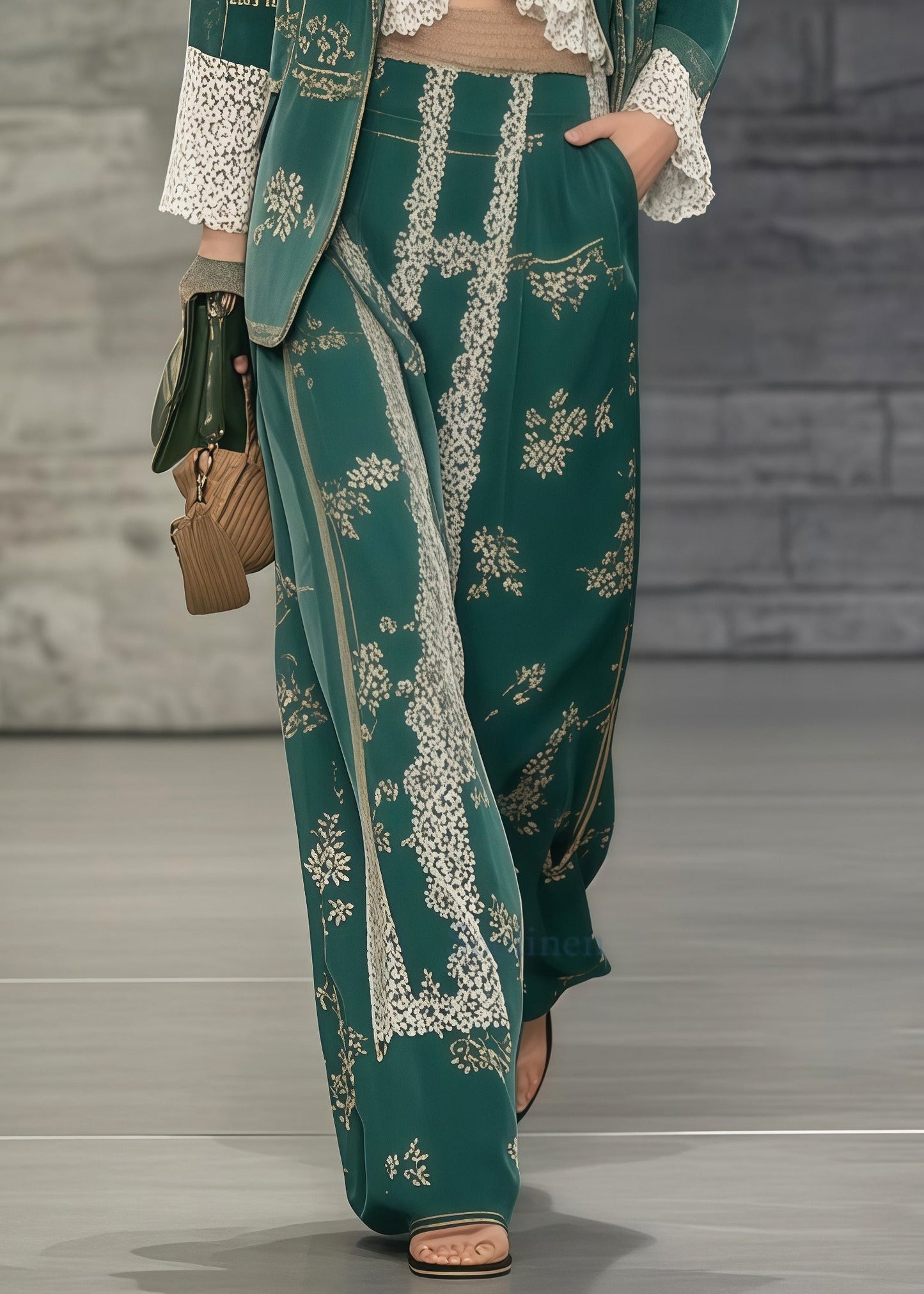 Casual Tea Green Print Patchwork Lace Two Pieces Set Oversized Spring