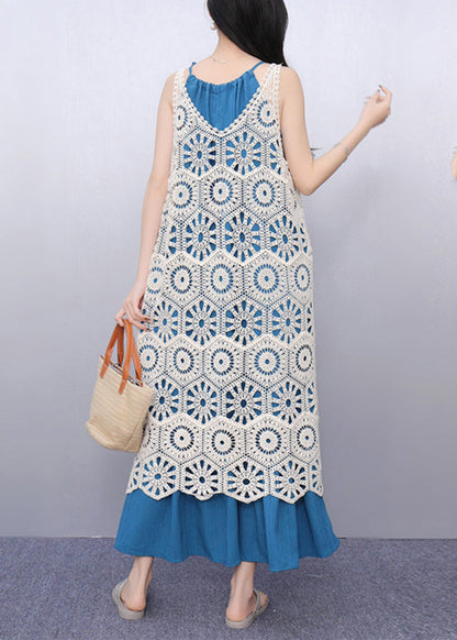 Casual V Neck Hollow Out Long Spaghetti Strap Dress Two Pieces Set Sleeve