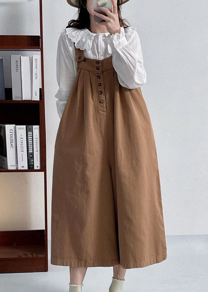 Casual Versatile Coffee Cotton Shoulder Strap Pants Summer