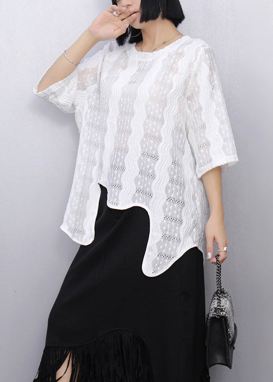 Casual White Asymmetrical Hollow Out Cotton Tops Summer